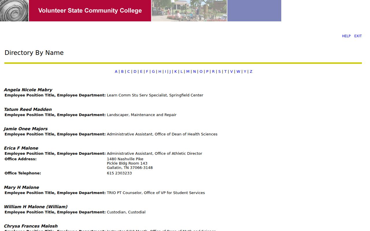 Gallatin directory for the alphabetical Volunteer State staff listing